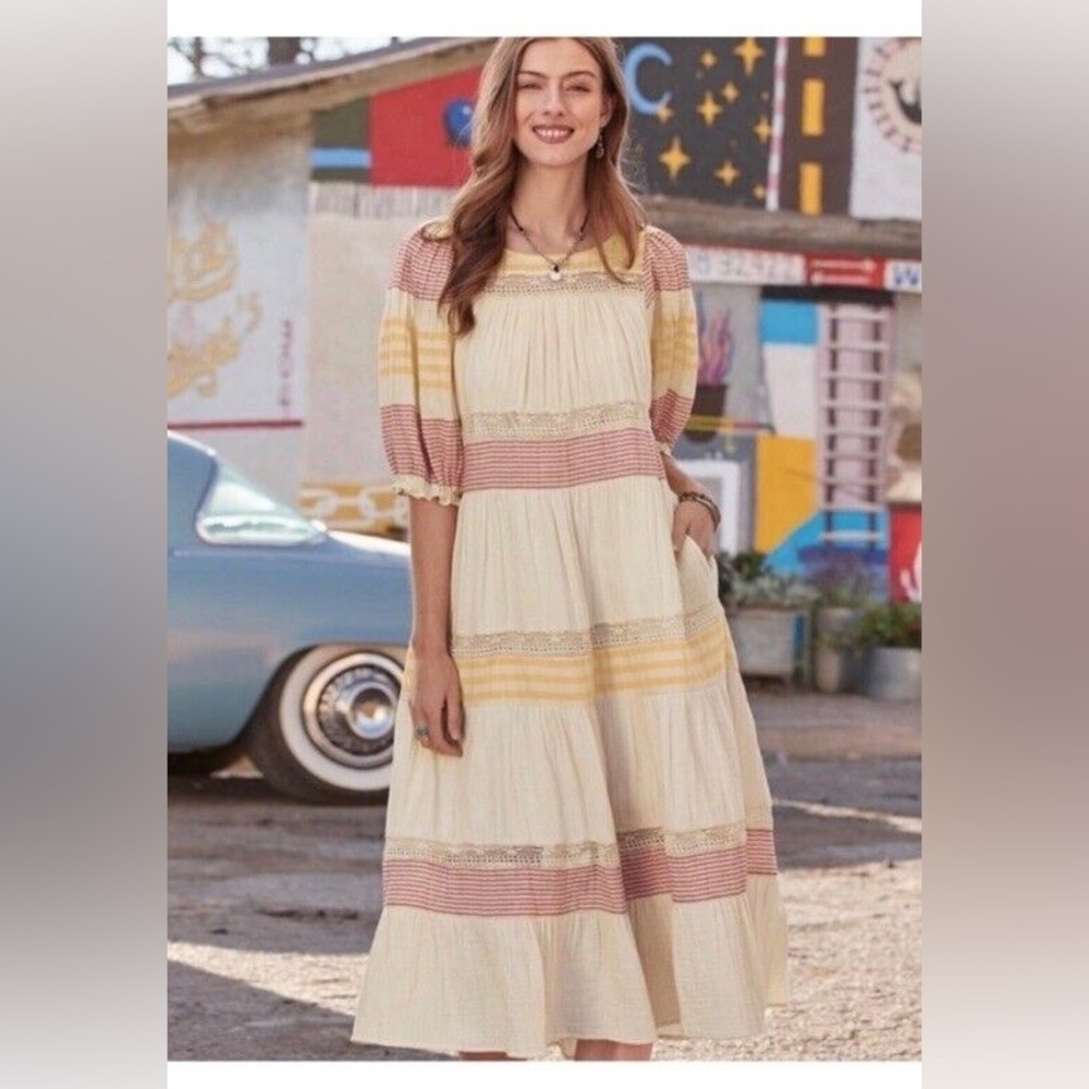 Sundance Cream Maxi Dress with Pink and Yellow Stripe Panels
